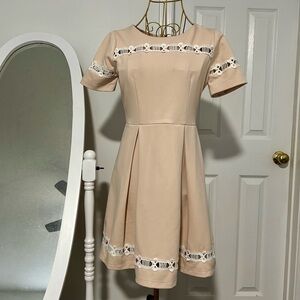 Cream Tan A-Line Midi Dress with Puff Sleeves
